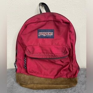Vintage Jansport Backpack Red Leather Bottom Made In USA 90s Hiking Day Pack